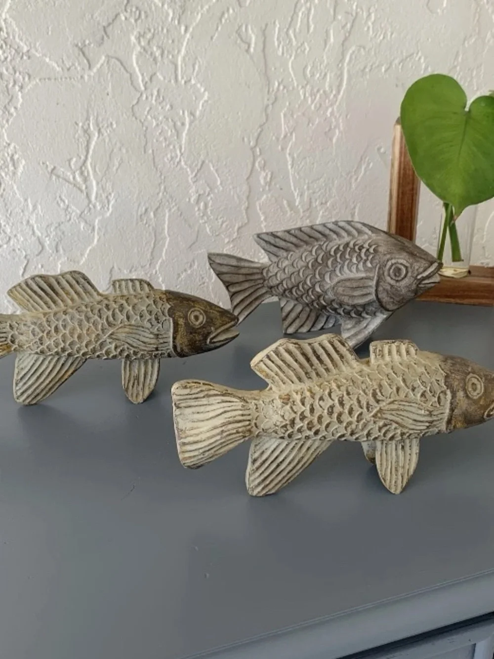 None set of 3 coastal fish figurines – rustic nautical beach home decor charming set of three coastal fish sculptures with a distressed